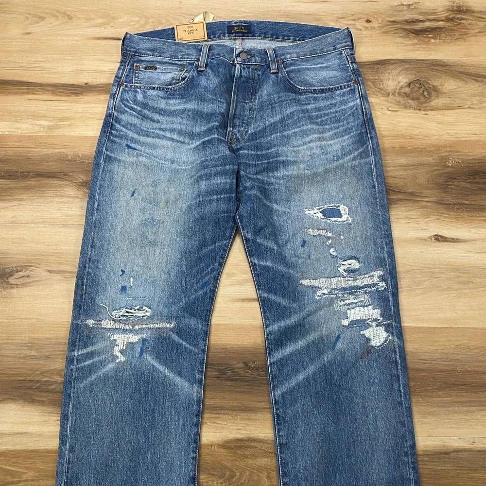 Polo Ralph Lauren Jeans 33x30 Classic Fit Distressed Cotton Denim Blue Straight